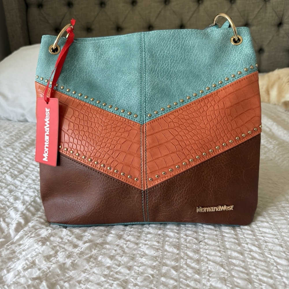 Montana West Western Cowgirl Purse Turquoise Brown Rodeo Studded Croc Boho Tote